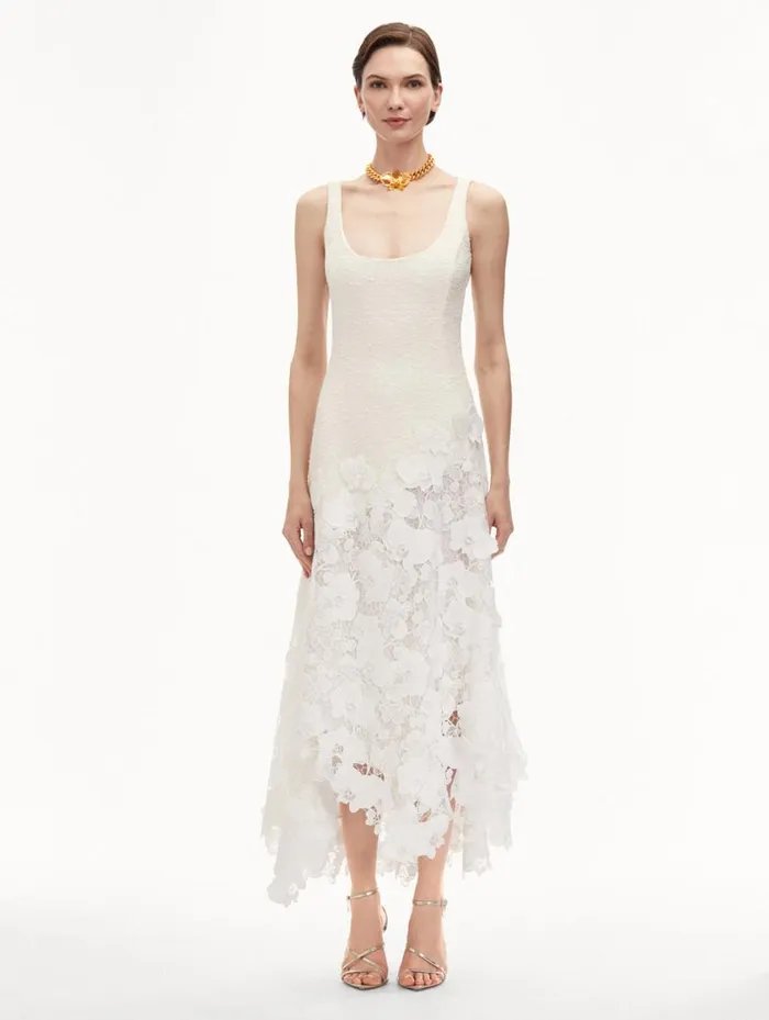 Women Orchid Guipure and Tweed Sleeveless Dress Ivory Oscar De La Renta Dresses Women Orchid Guipure and Tweed Sleeveless Dress Ivory Oscar De La Renta Dresses