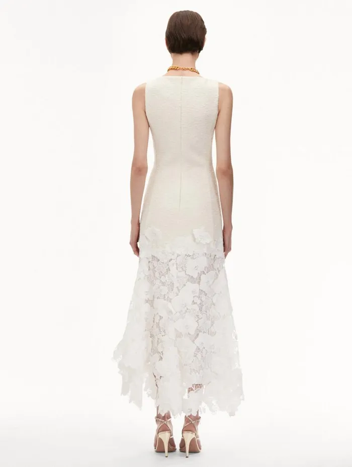 Women Orchid Guipure and Tweed Sleeveless Dress Ivory Oscar De La Renta Dresses Women Orchid Guipure and Tweed Sleeveless Dress Ivory Oscar De La Renta Dresses