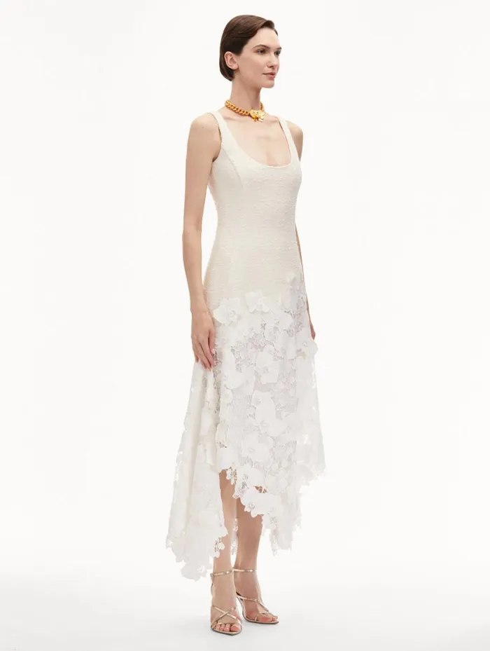 Women Orchid Guipure and Tweed Sleeveless Dress Ivory Oscar De La Renta Dresses Women Orchid Guipure and Tweed Sleeveless Dress Ivory Oscar De La Renta Dresses