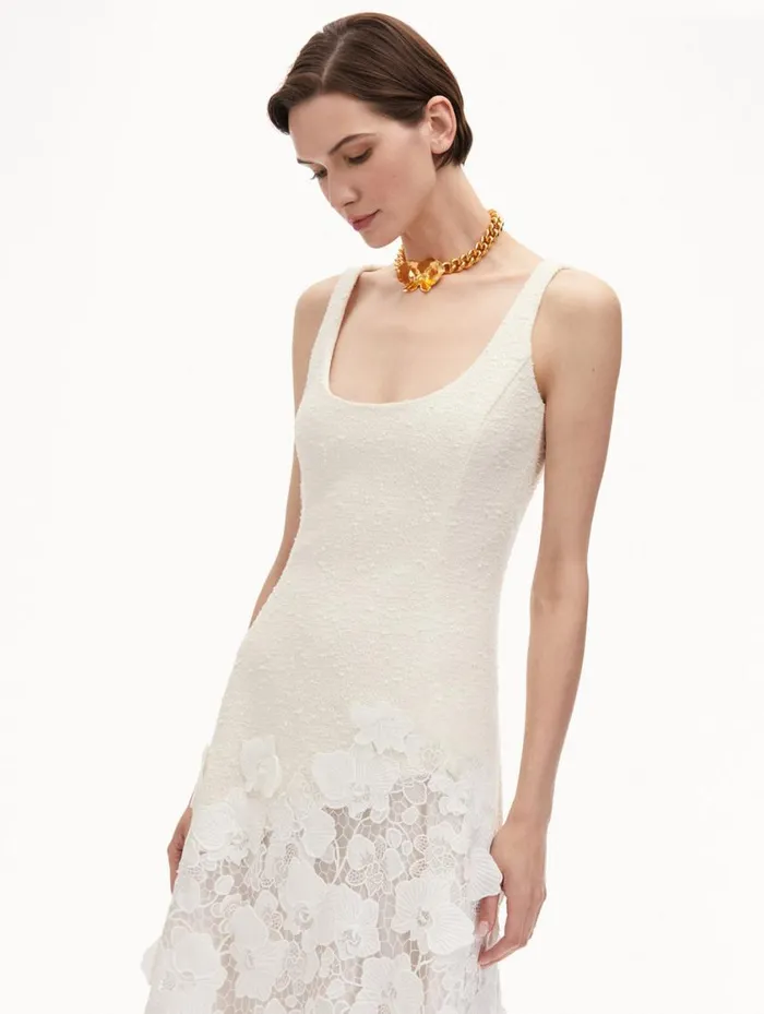 Women Orchid Guipure and Tweed Sleeveless Dress Ivory Oscar De La Renta Dresses Women Orchid Guipure and Tweed Sleeveless Dress Ivory Oscar De La Renta Dresses