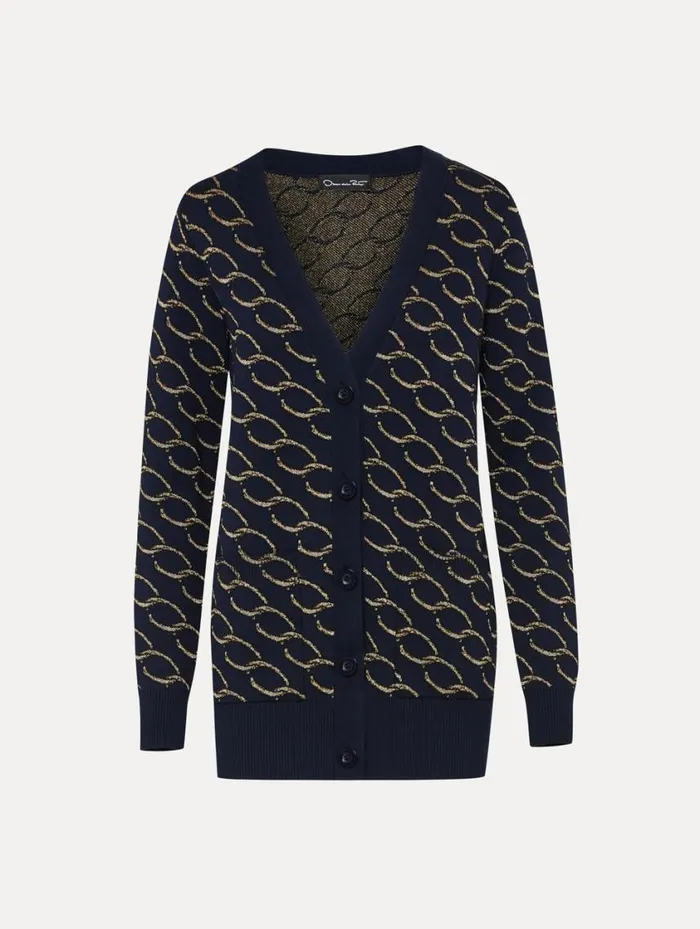 Women Oscar ChainLink Long Cardigan Navygold Oscar De La Renta Blouses and Knits Women Oscar ChainLink Long Cardigan Navygold Oscar De La Renta Blouses and Knits