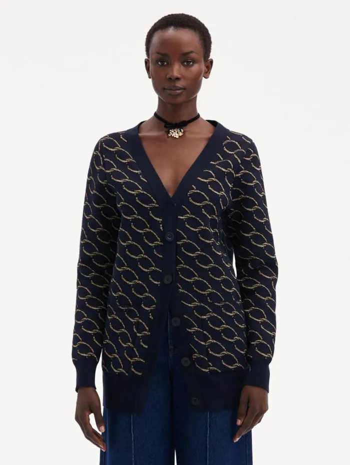 Women Oscar ChainLink Long Cardigan Navygold Oscar De La Renta Blouses and Knits Women Oscar ChainLink Long Cardigan Navygold Oscar De La Renta Blouses and Knits