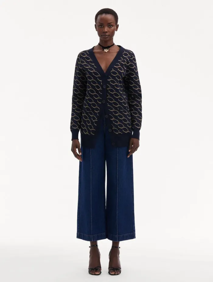 Women Oscar ChainLink Long Cardigan Navygold Oscar De La Renta Blouses and Knits Women Oscar ChainLink Long Cardigan Navygold Oscar De La Renta Blouses and Knits