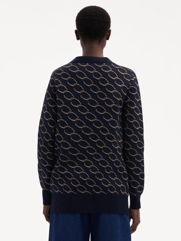 Women Oscar ChainLink Long Cardigan Navygold Oscar De La Renta Blouses and Knits Women Oscar ChainLink Long Cardigan Navygold Oscar De La Renta Blouses and Knits