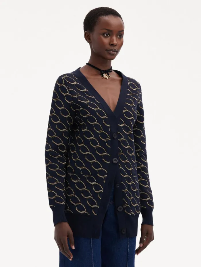 Women Oscar ChainLink Long Cardigan Navygold Oscar De La Renta Blouses and Knits Women Oscar ChainLink Long Cardigan Navygold Oscar De La Renta Blouses and Knits