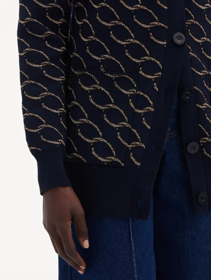 Women Oscar ChainLink Long Cardigan Navygold Oscar De La Renta Blouses and Knits Women Oscar ChainLink Long Cardigan Navygold Oscar De La Renta Blouses and Knits