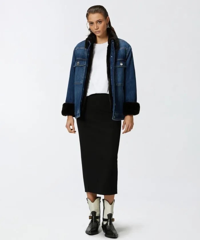 Women Outerwear Pinko Blue Denim Overshirt Jacket With Fureffect Collar Medium Dark Vintage Wash Women Outerwear Pinko Blue Denim Overshirt Jacket With Fureffect Collar Medium Dark Vintage Wash