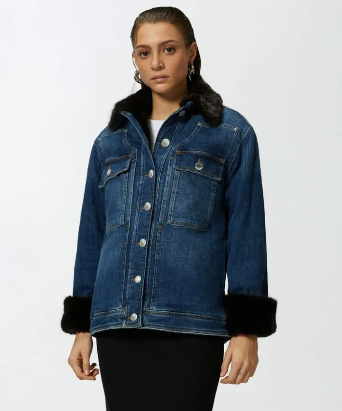 Women Outerwear Pinko Blue Denim Overshirt Jacket With Fureffect Collar Medium Dark Vintage Wash Women Outerwear Pinko Blue Denim Overshirt Jacket With Fureffect Collar Medium Dark Vintage Wash