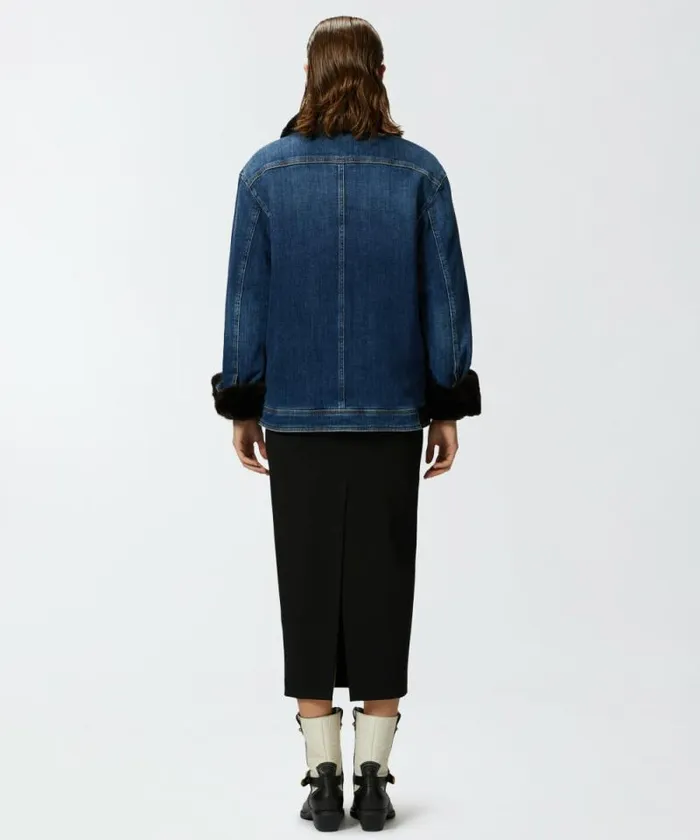 Women Outerwear Pinko Blue Denim Overshirt Jacket With Fureffect Collar Medium Dark Vintage Wash Women Outerwear Pinko Blue Denim Overshirt Jacket With Fureffect Collar Medium Dark Vintage Wash