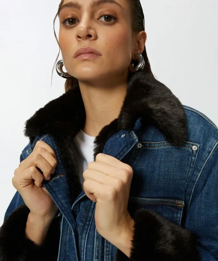Women Outerwear Pinko Blue Denim Overshirt Jacket With Fureffect Collar Medium Dark Vintage Wash Women Outerwear Pinko Blue Denim Overshirt Jacket With Fureffect Collar Medium Dark Vintage Wash