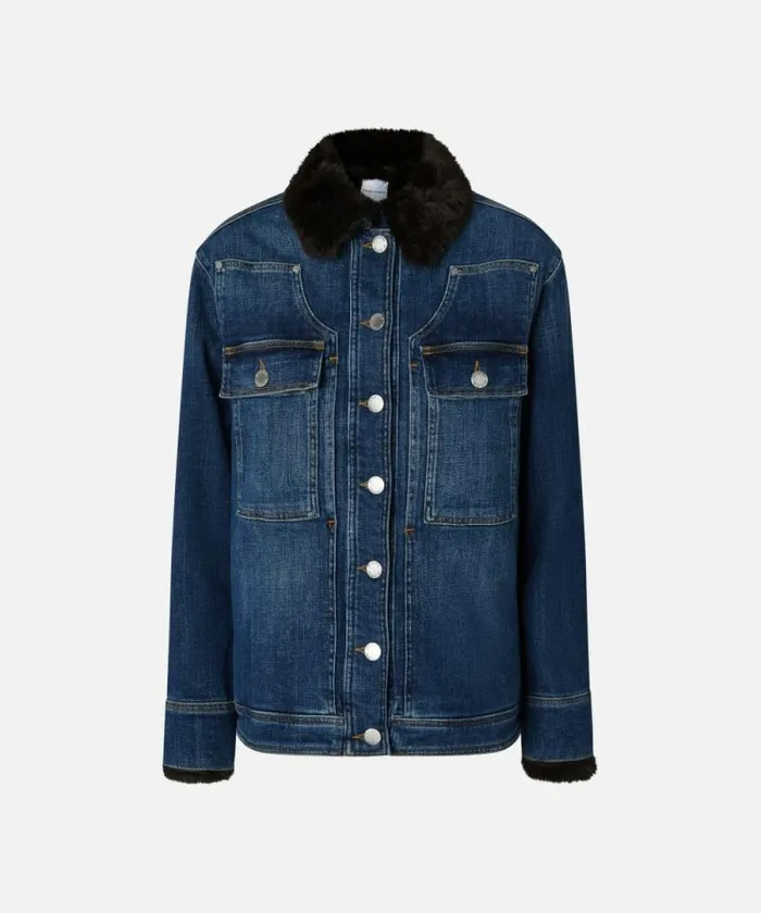 Women Outerwear Pinko Blue Denim Overshirt Jacket With Fureffect Collar Medium Dark Vintage Wash Women Outerwear Pinko Blue Denim Overshirt Jacket With Fureffect Collar Medium Dark Vintage Wash