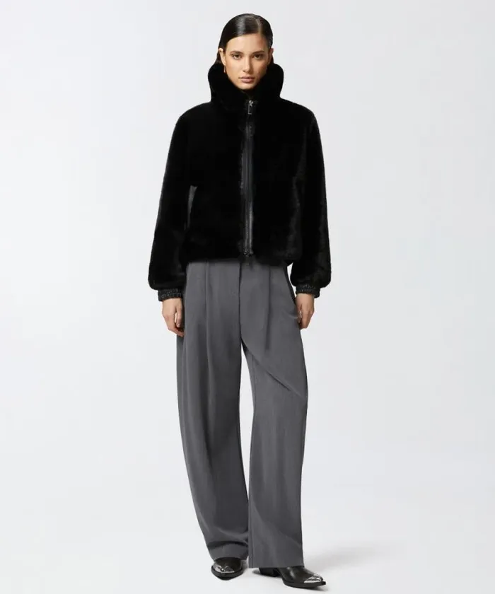 Women Outerwear Pinko Faux Fur Bomber Jacket Limo Black