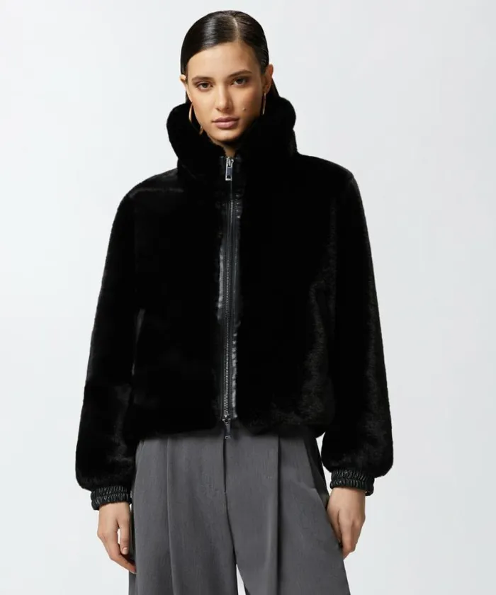 Women Outerwear Pinko Faux Fur Bomber Jacket Limo Black Women Outerwear Pinko Faux Fur Bomber Jacket Limo Black