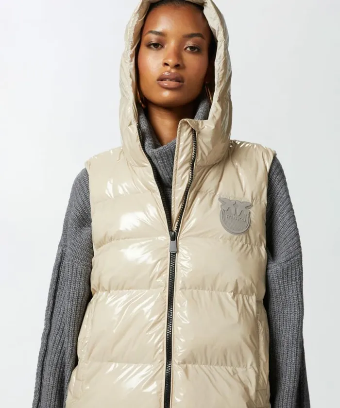 Women Outerwear Pinko Padded Puffer Gilet With Hood Beige Women Outerwear Pinko Padded Puffer Gilet With Hood Beige
