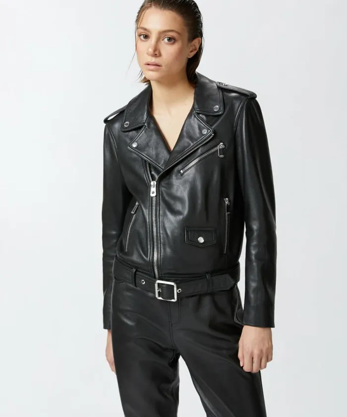 Women Outerwear Pinko Soft Nappa Leather Biker Jacket Limo Black