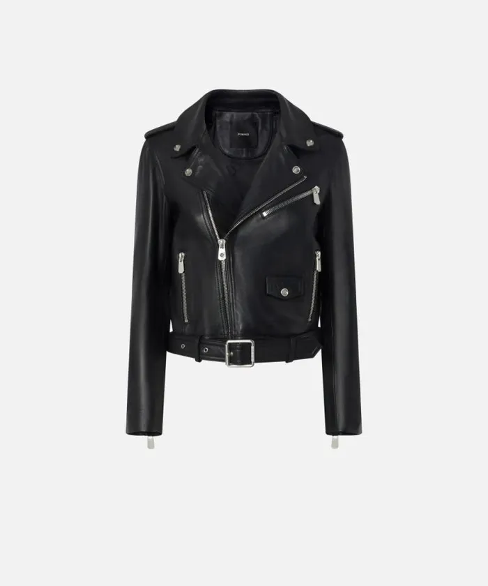 Women Outerwear Pinko Soft Nappa Leather Biker Jacket Limo Black Women Outerwear Pinko Soft Nappa Leather Biker Jacket Limo Black