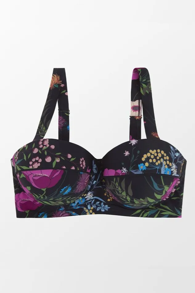 Women Plus Size and Curve Bikinis Cupshe Annabelle Floral Moulded Cup Plus Size Bikini Top Black