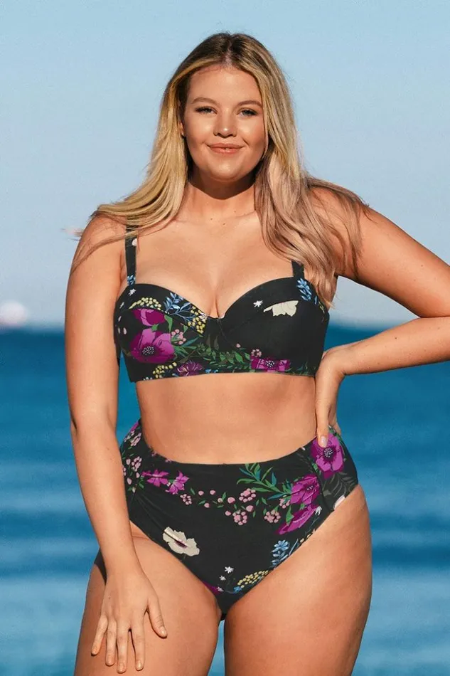 Women Plus Size and Curve Bikinis Cupshe Annabelle Floral Moulded Cup Plus Size Bikini Top Black