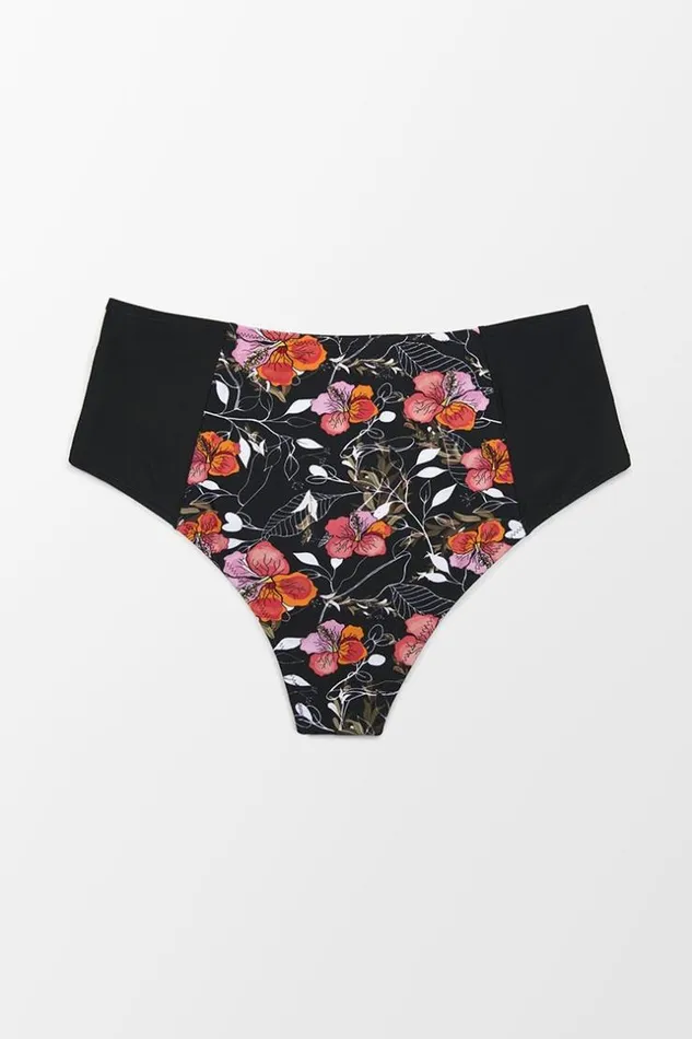 Women Plus Size and Curve Bikinis Cupshe Black Floral High Waisted Plus Size Bikini Bottom Multicolor