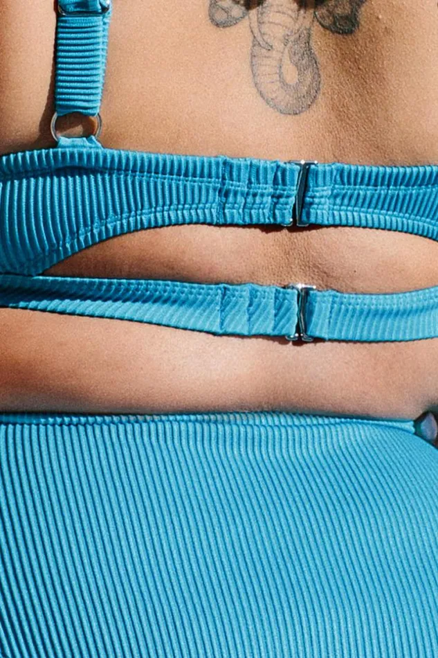 Women Plus Size and Curve Bikinis Cupshe Ocean Rib Bralette And Cheeky High Waist Plus Size Set Blue