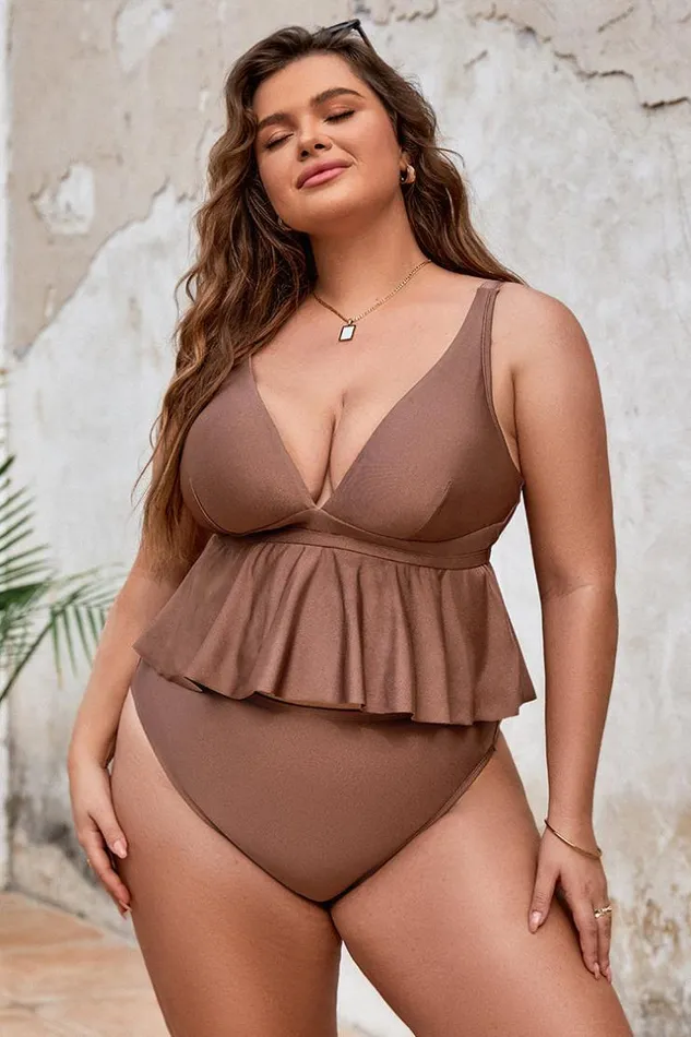 Women Plus Size and Curve Bikinis Cupshe Strawberry Field Peplum Tankini And High Waist Plus Size Set Brown Women Plus Size and Curve Bikinis Cupshe Strawberry Field Peplum Tankini And High Waist Plus Size Set Brown