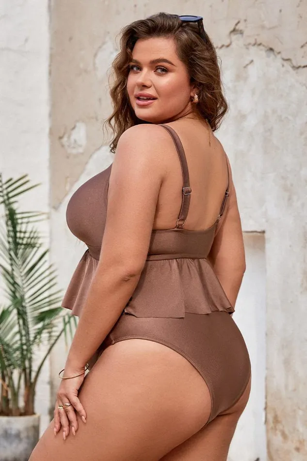 Women Plus Size and Curve Bikinis Cupshe Strawberry Field Peplum Tankini And High Waist Plus Size Set Brown