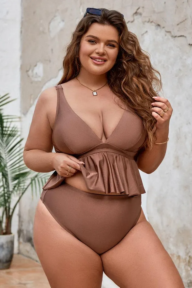 Women Plus Size and Curve Bikinis Cupshe Strawberry Field Peplum Tankini And High Waist Plus Size Set Brown