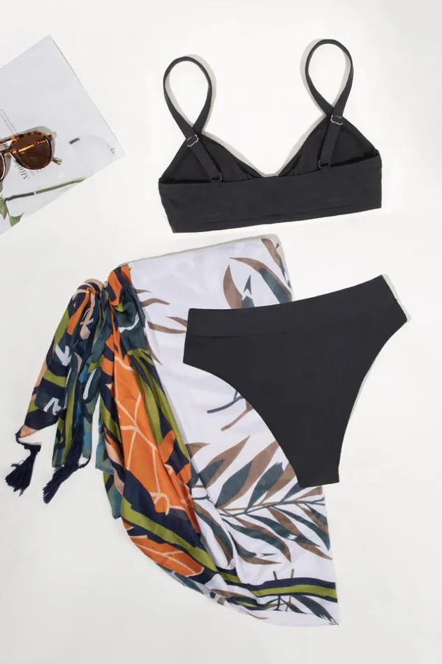 Women Sarong and Skirts Cupshe Knot Front 3 Piece Swimsuit Sarong Set Multicolor