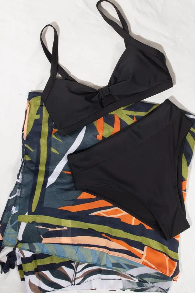 Women Sarong and Skirts Cupshe Knot Front 3 Piece Swimsuit Sarong Set Multicolor