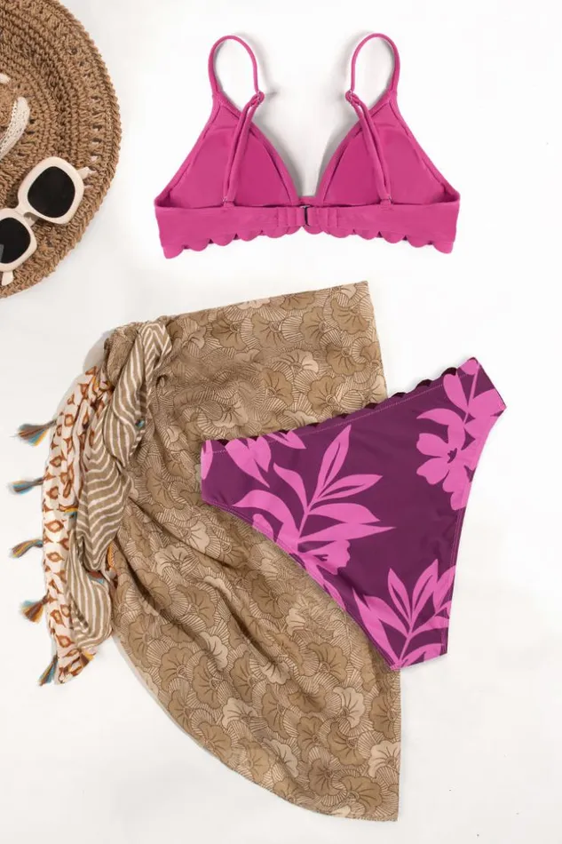 Women Sarong and Skirts Cupshe Scalloped 3 Piece Swimsuit Saraong Set Multicolor