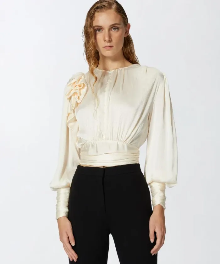 Women Shirts And Blouses Pinko Cropped Satin Blouse With Appliqus Lily White