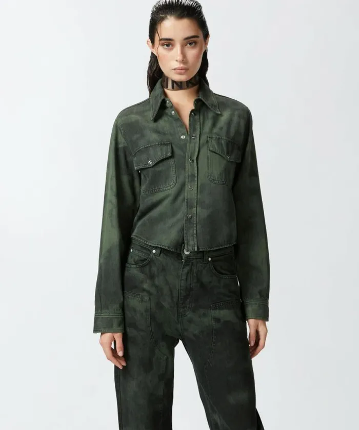 Women Shirts And Blouses Pinko Spotted Black Denim Shirt Greenblack