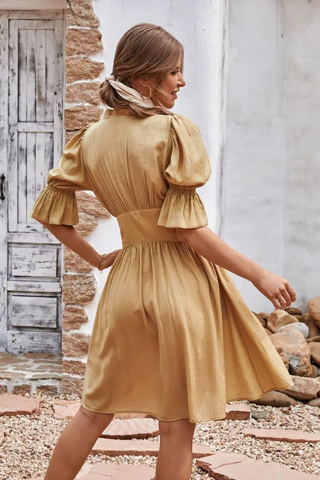 Women Short Dresses Cupshe Cable Beach Vneck Bubble Sleeve Smocking AShape Dress Brown