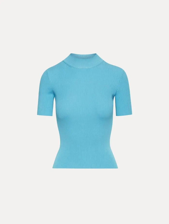 Women Short Sleeve Mock Neck Ribbed Pullover Pastel Blue Oscar De La Renta Blouses and Knits Women Short Sleeve Mock Neck Ribbed Pullover Pastel Blue Oscar De La Renta Blouses and Knits