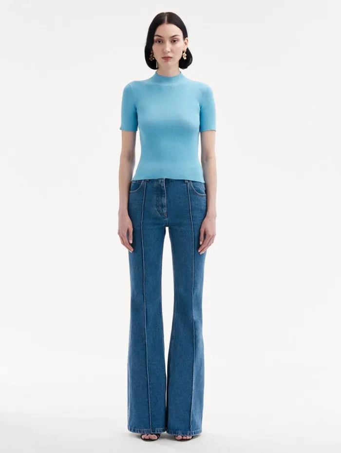 Women Short Sleeve Mock Neck Ribbed Pullover Pastel Blue Oscar De La Renta Blouses and Knits Women Short Sleeve Mock Neck Ribbed Pullover Pastel Blue Oscar De La Renta Blouses and Knits