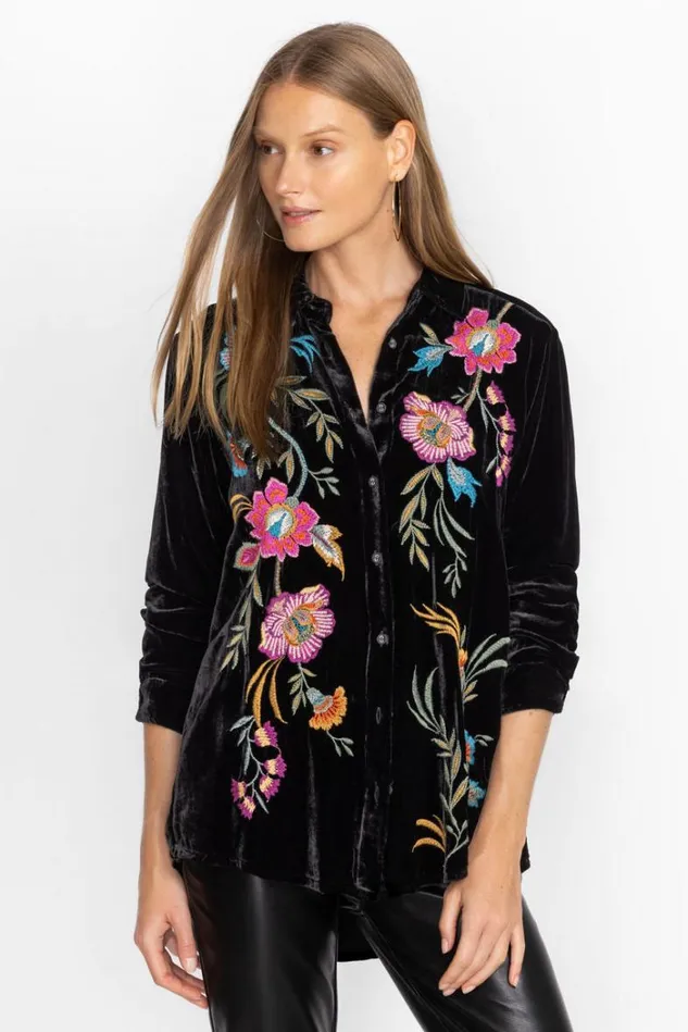 Women Sidonia Velvet Oversized Pleat Shirt Black Johnny Was Tops