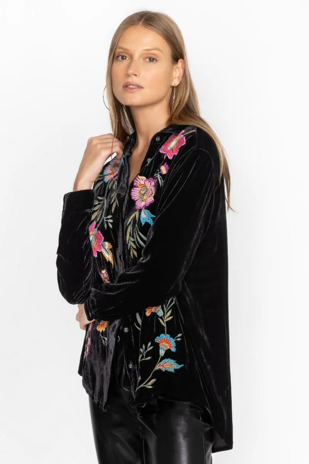 Women Sidonia Velvet Oversized Pleat Shirt Black Johnny Was Tops Women Sidonia Velvet Oversized Pleat Shirt Black Johnny Was Tops