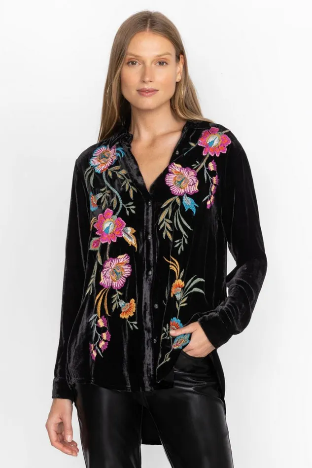 Women Sidonia Velvet Oversized Pleat Shirt Black Johnny Was Tops Women Sidonia Velvet Oversized Pleat Shirt Black Johnny Was Tops