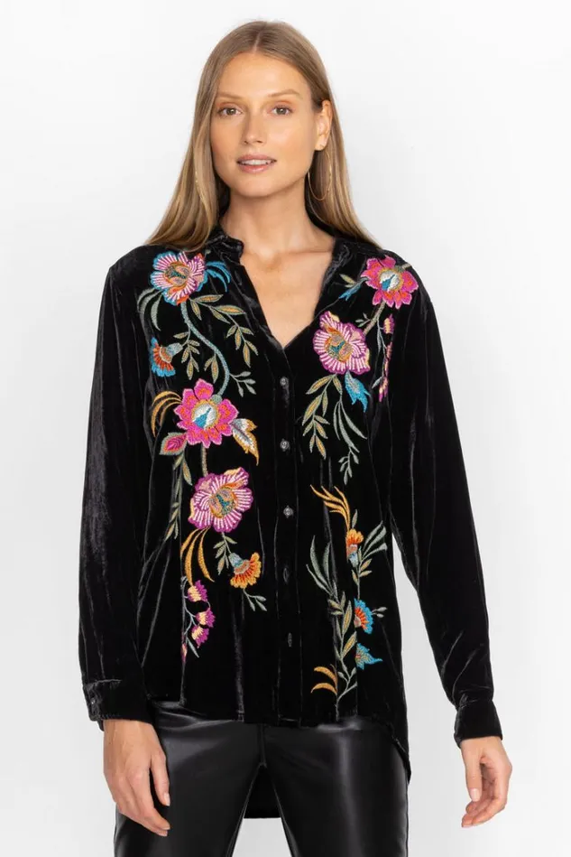 Women Sidonia Velvet Oversized Pleat Shirt Black Johnny Was Tops Women Sidonia Velvet Oversized Pleat Shirt Black Johnny Was Tops