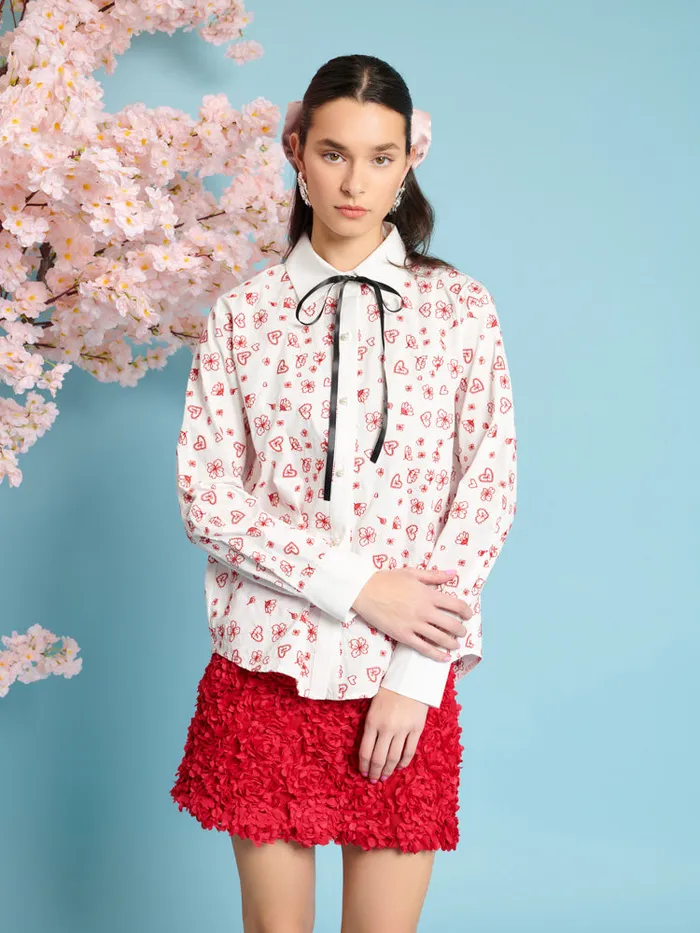Women Sister Jane Tops Doodle Bloom Shirt Ivory U0026 Red