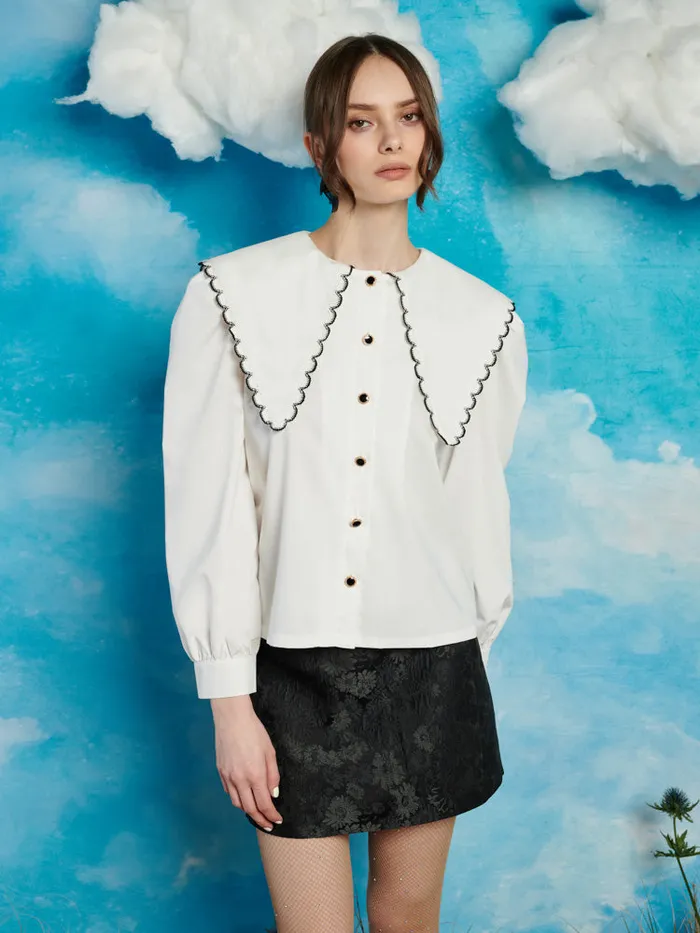 Women Sister Jane Tops Saloon Scallop Blouse Pearl White