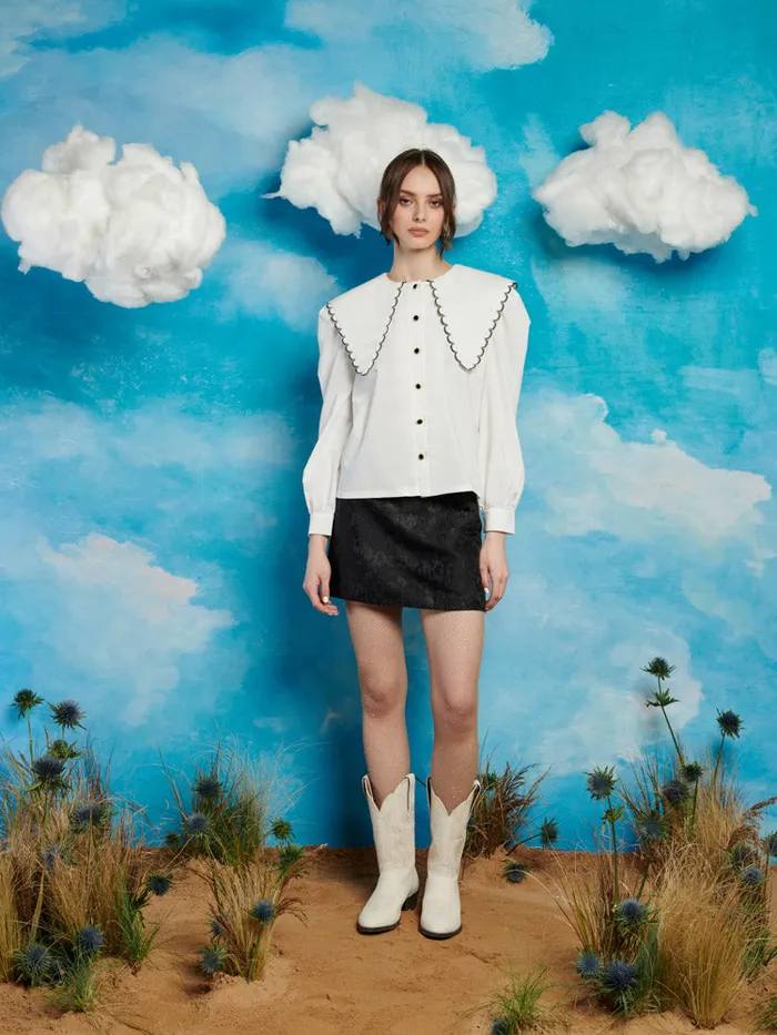 Women Sister Jane Tops Saloon Scallop Blouse Pearl White