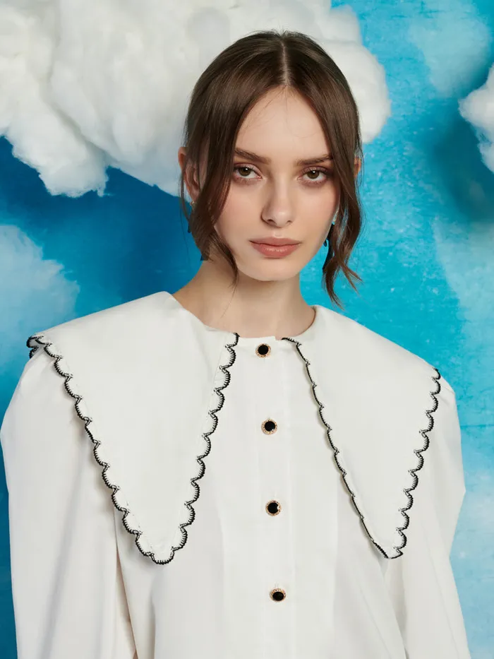 Women Sister Jane Tops Saloon Scallop Blouse Pearl White
