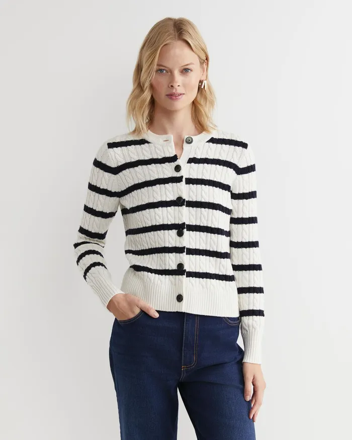 Women Sportscraft Knits and Cardigans Cable Merino Cotton Cardigan Whitenavy