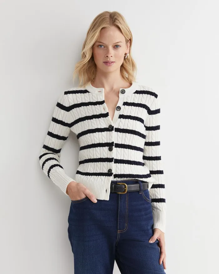 Women Sportscraft Knits and Cardigans Cable Merino Cotton Cardigan Whitenavy