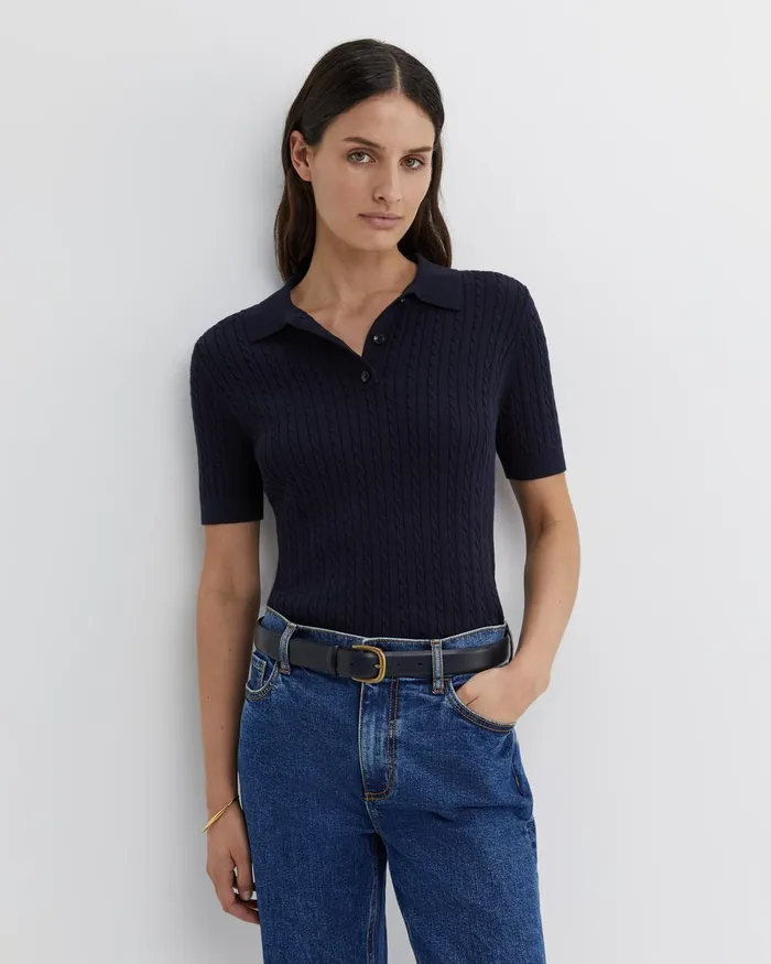 Women Sportscraft Tops and Tees Elka Cable Polo Navy
