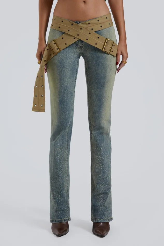 Women Stonewash Low Rise Webbing Belt Jeans Jaded London Jeans