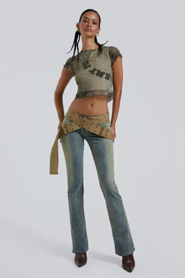Women Stonewash Low Rise Webbing Belt Jeans Jaded London Jeans