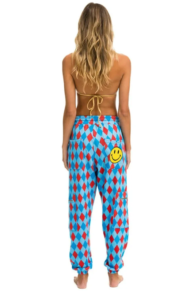 Women Sweatpants Aviator Nation Diamond Repeat Smiley 2 Embroidery Cargo Color Block Sweatpants 8211 Sky