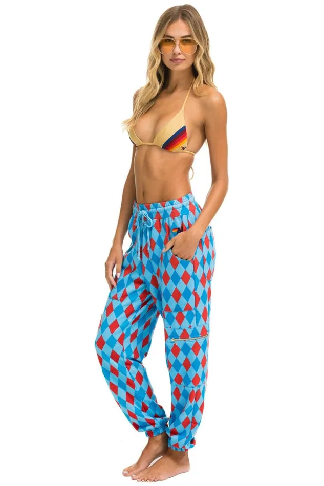 Women Sweatpants Aviator Nation Diamond Repeat Smiley 2 Embroidery Cargo Color Block Sweatpants 8211 Sky